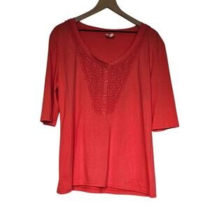 Michael F. Women's 2X Short Sleeve Top V neck Embroidered Look Red Bright Cotton